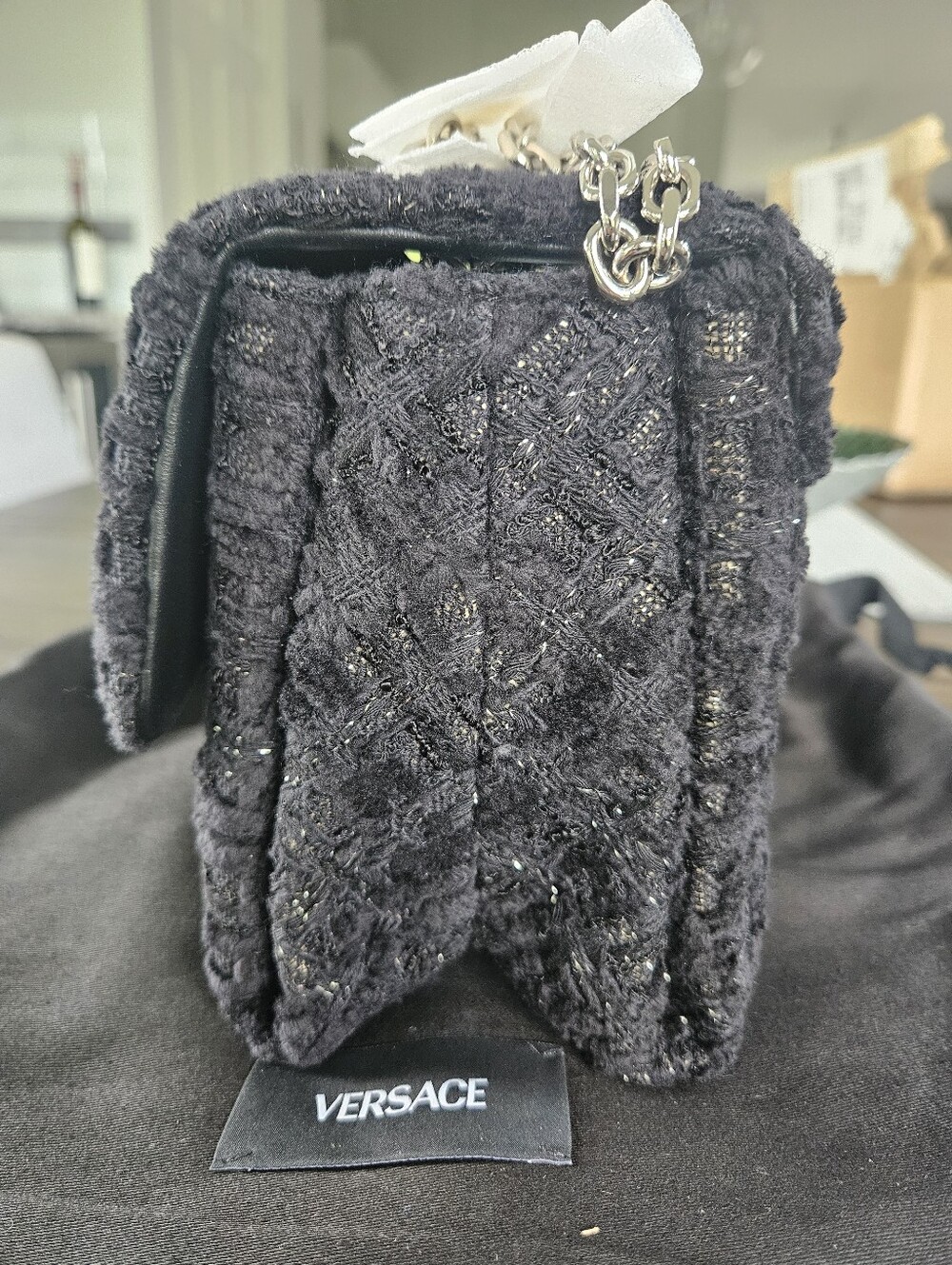 NWT💎💎Versace Black Tweed And Leather Shoulder Bag - Picture 4 of 11